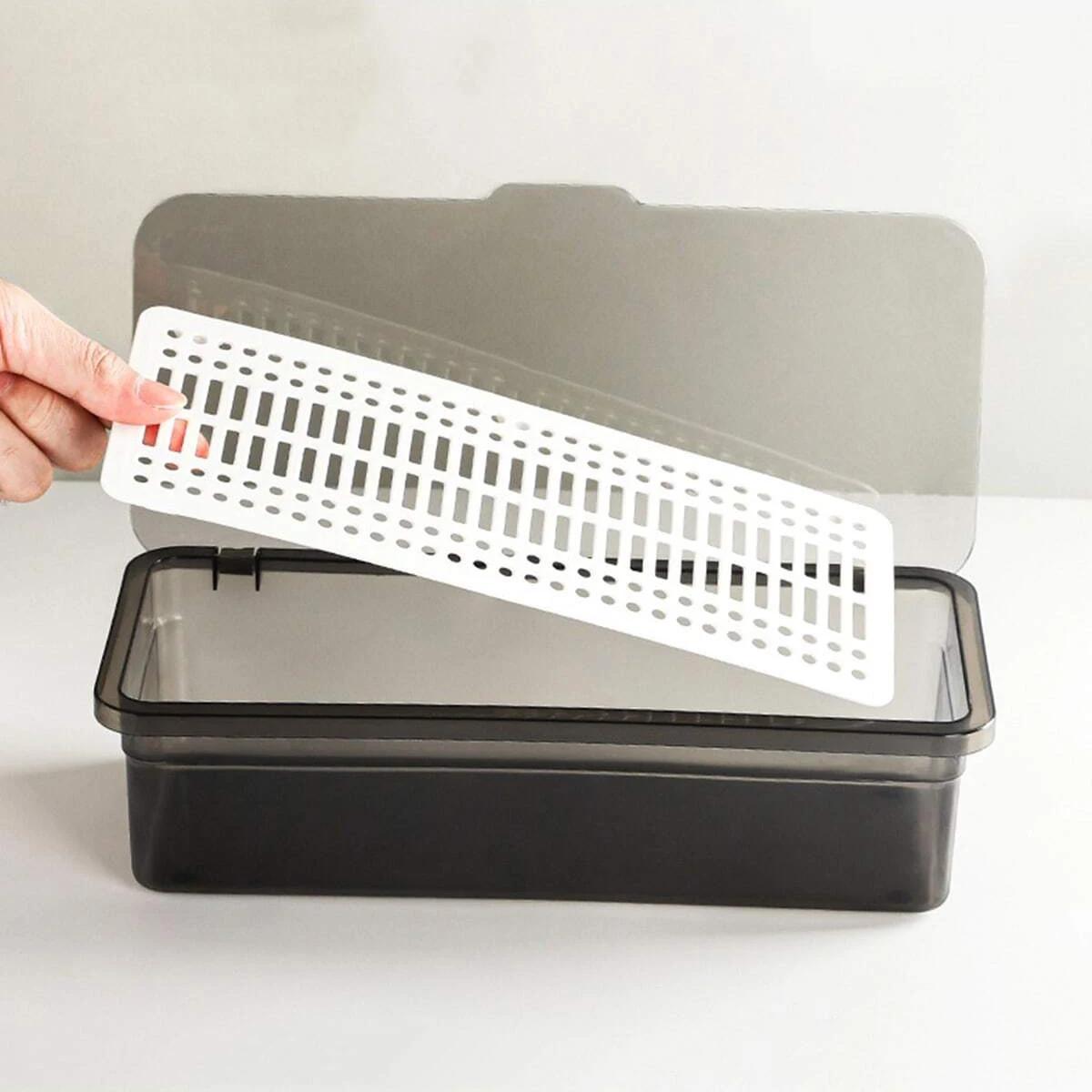 

1 шт. Коробка для хранения кистей для макияжа, Пылезащитный прозрачный контейнер для хранения с крышкой и дренажным поддоном, Хранение спонжей для макияжа и кистей для теней серый