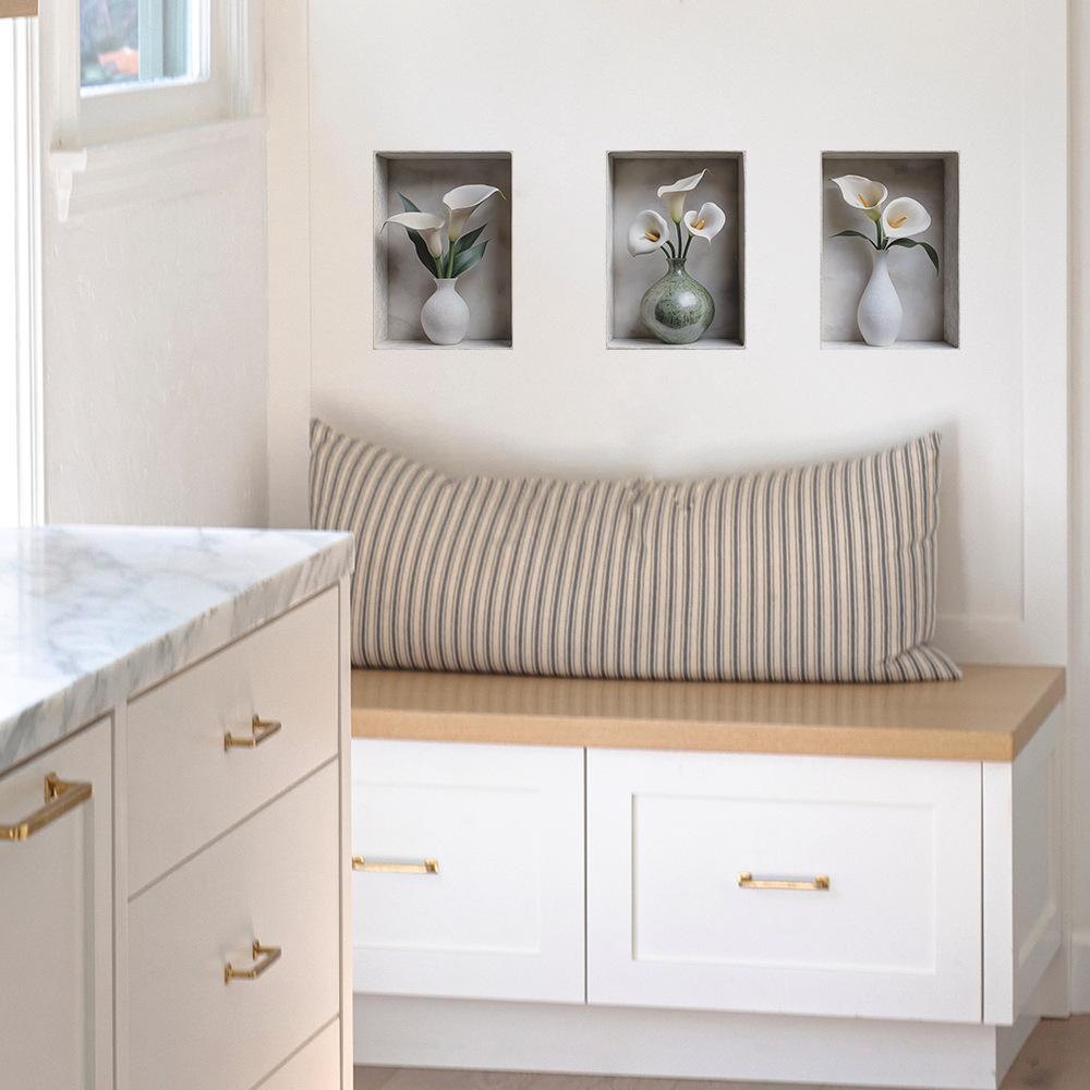 3 Pcs Art Simulation Flowers Vase Bedroom Living Room Home Background Beautification Wall Stickers