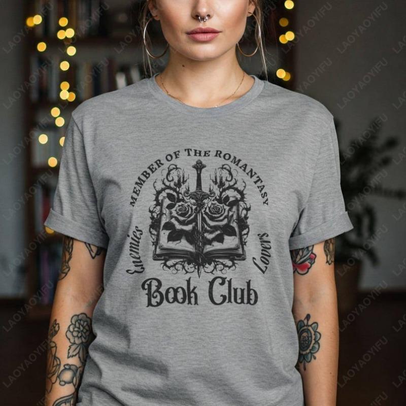 Член книжного клуба Romantasy Унисекс хлопковые футболки Клуб любителей книг Romantasy Футболка Подарок для читателя Читатель фэнтези Темная одежда Y2K S