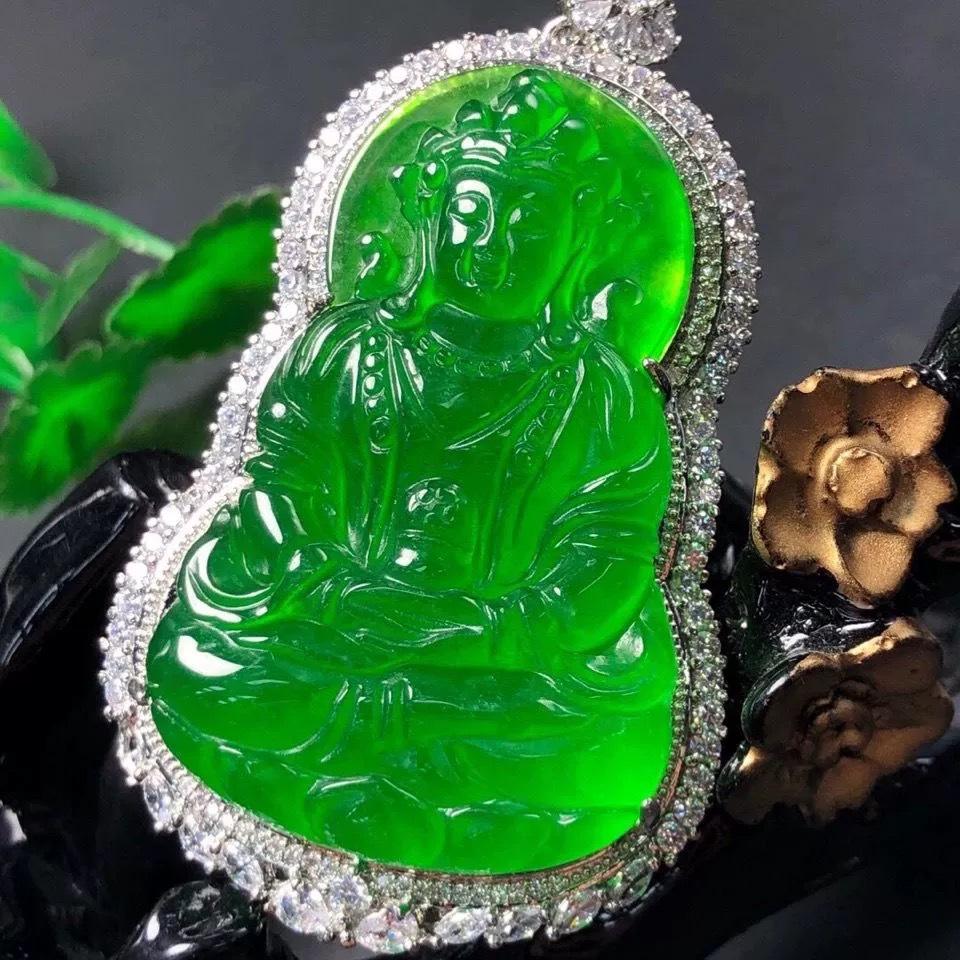Jade Emperor Guanyin Green Jade Bodhisattva Pendant Necklace, S925 Inlaid, Unisex Tara Design