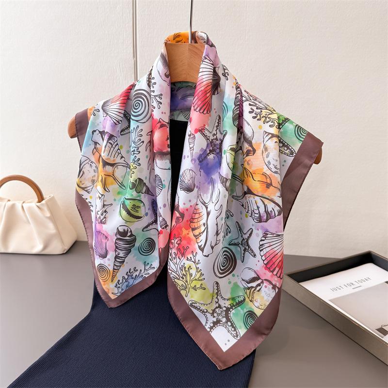 high-end feeling 70 small square cloth ocean print imitation silk scarf shawl neck scarf neck scarf scarf for women