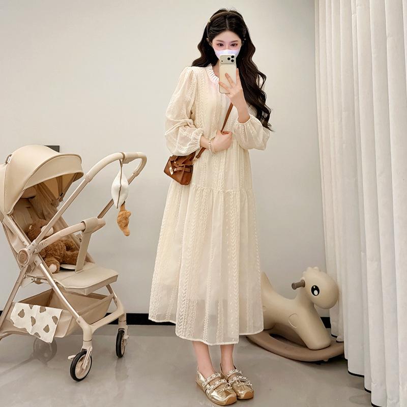 2026 Korean-Style Embroidered Midi Maternity Dress - Spring & Autumn, Loose Fit, Slimming, Plus Size L