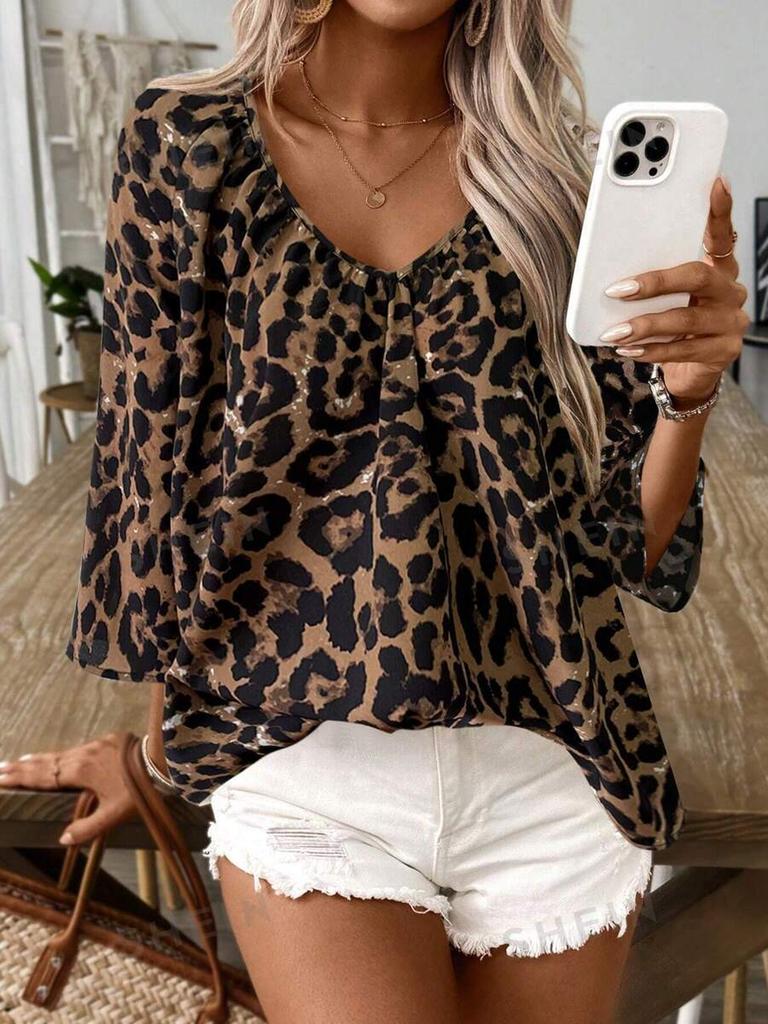 Spring Summer Women's Elegant Commute Top Beige Leopard Print V-Neck Ruffled 7/8 Sleeve Shirt