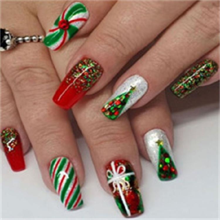 24pcs Reusable Press On Nail Christmas Design With Adhesive Gel And Emery Board Easy Application Fake Nail For Parties