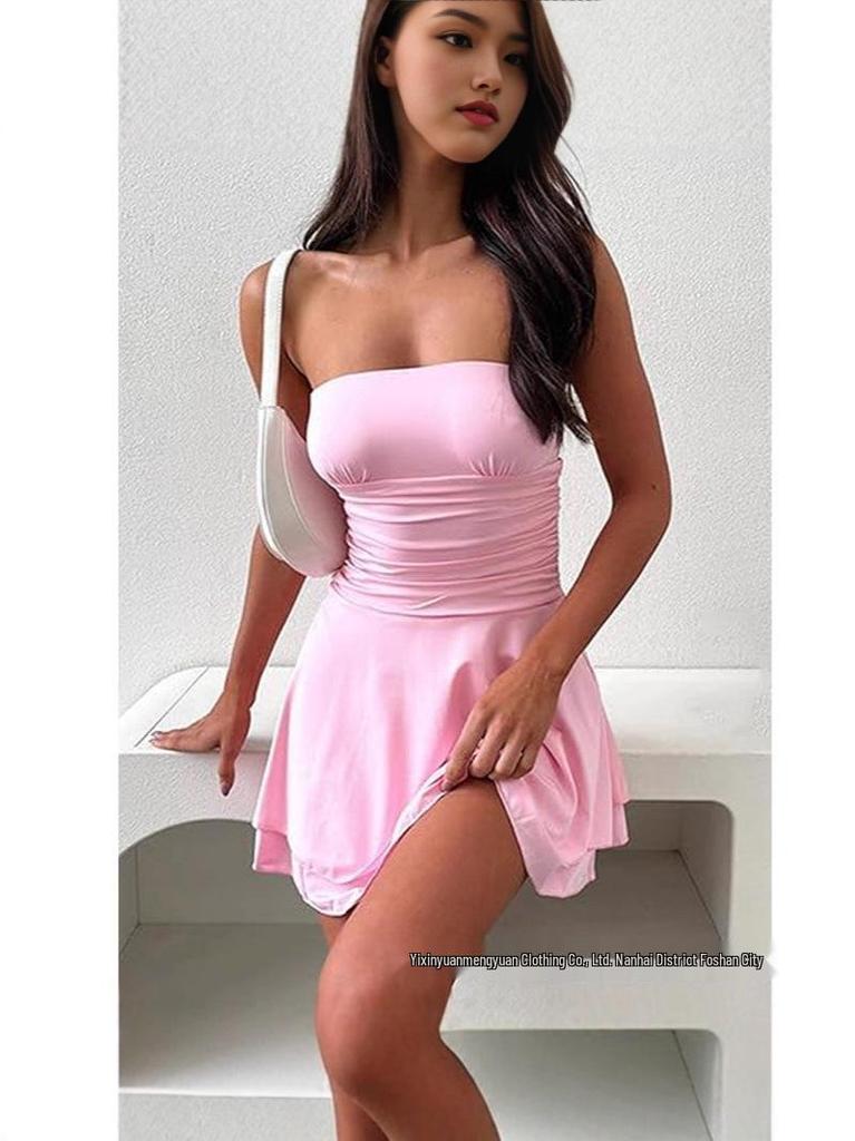 Women's 2025 European & American Summer Strapless Bandeau Dress - Sexy Off-the-Shoulder, Ruffled, Layered Flowy Design
