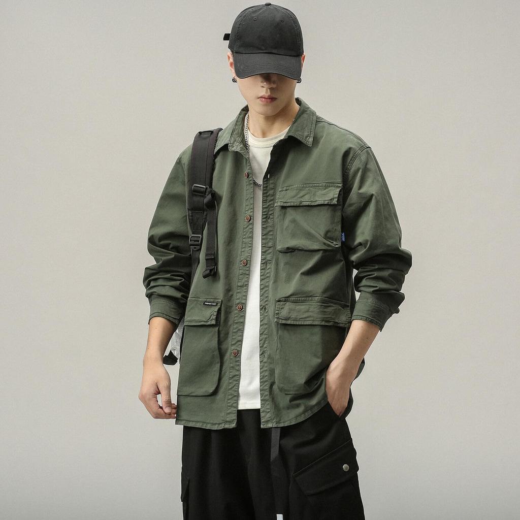 [FJSSLHXK] Men's Work Shirt, Long Sleeve, Cotton, Cargo Shirt, Military Style, Multi-Pocket, Army, Button Closure, Fold-over Collar, Loose Fit, Autumn