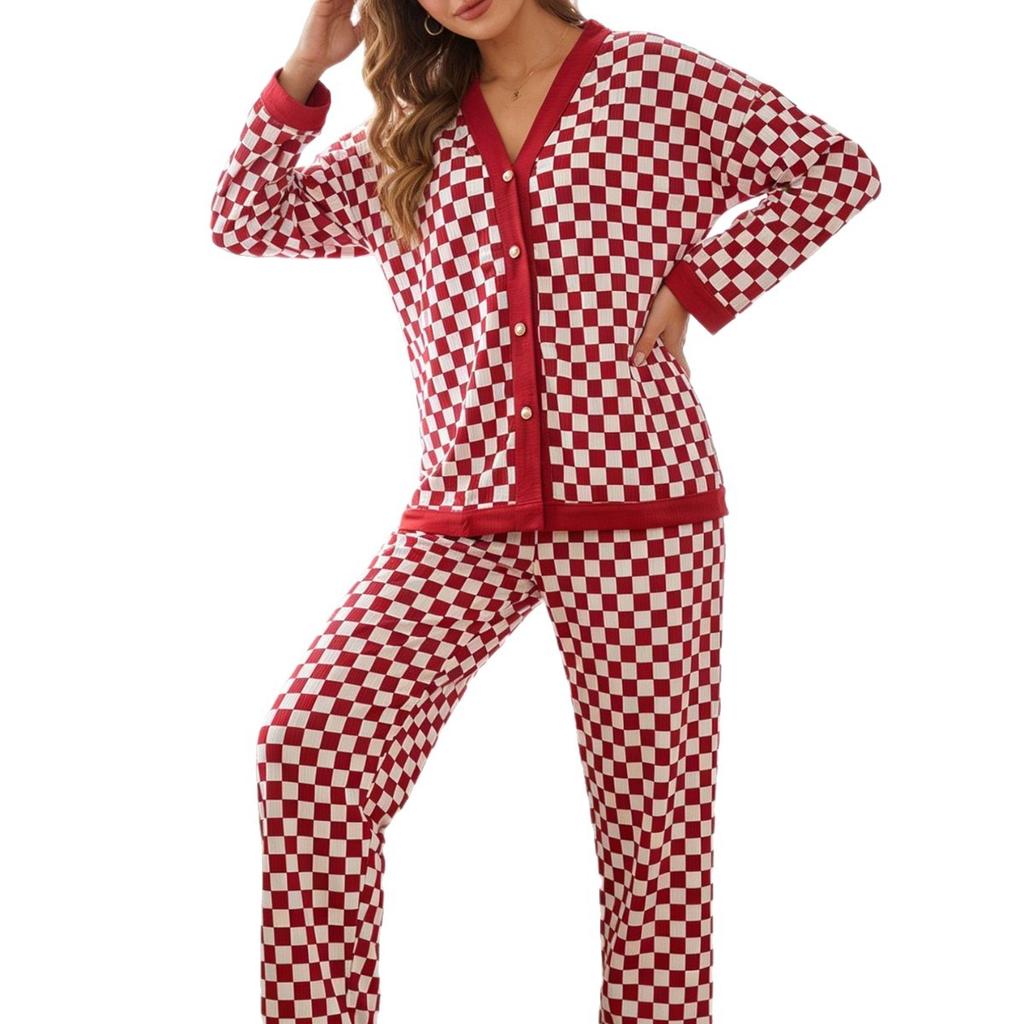Pajama Set with Checkered Print for Home Wear