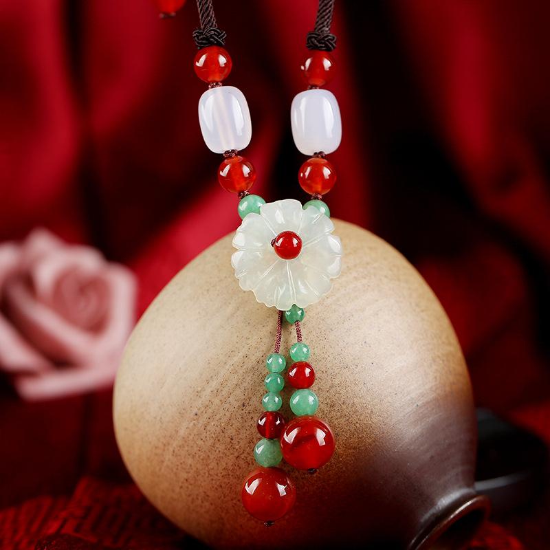 Chinese style retro short collarbone chain freshwater pearl agate glazed classical pendant simple temperament necklace women