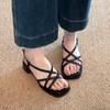 Sheepskin version~ Retro cross-strap, thin strap, soft sole, thick heel, Roman shoes, women's open toes, stepping on shit sandals
