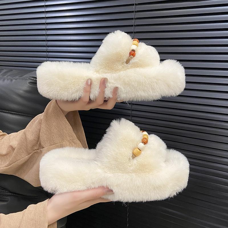 White thick-soled fluffy slippers for women's outer wear, one-word velvet to keep warm and increase height, autumn and winter 2025 new cotton slippers