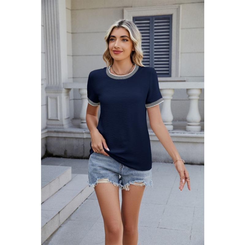 Summer new style simple threaded pullover round neck short sleeve solid color women's clothing