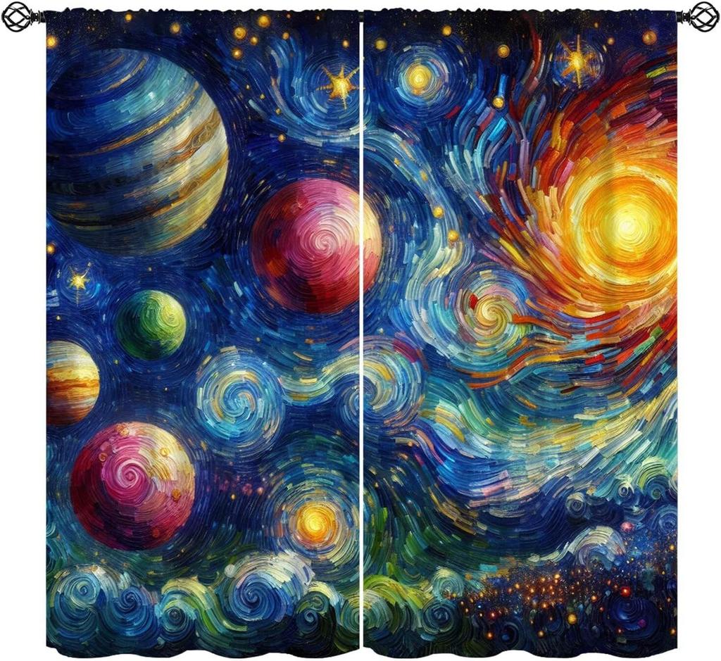 Cartoon Space Universe Curtains,Solar System Planet Rocket Spacecraft Print Decor Rod Pocket Window Treatments For Kids Girls