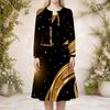 Women Plus Size Black Gold Printed Round Neck Long Sleeve Cardigan Sleeveless Dress Two Piece Set