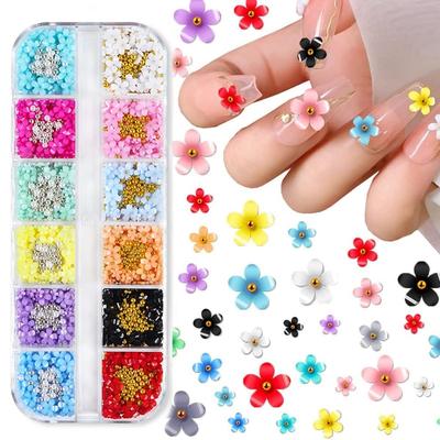 Kit de Arte de Unhas Florais 3D INOG Decalques de Unhas Charms de Unhas com Contas Douradas para Mulheres Meninas, 12 Cores Decalques Florais de Resina DIY para Salão de Unhas Acessórios