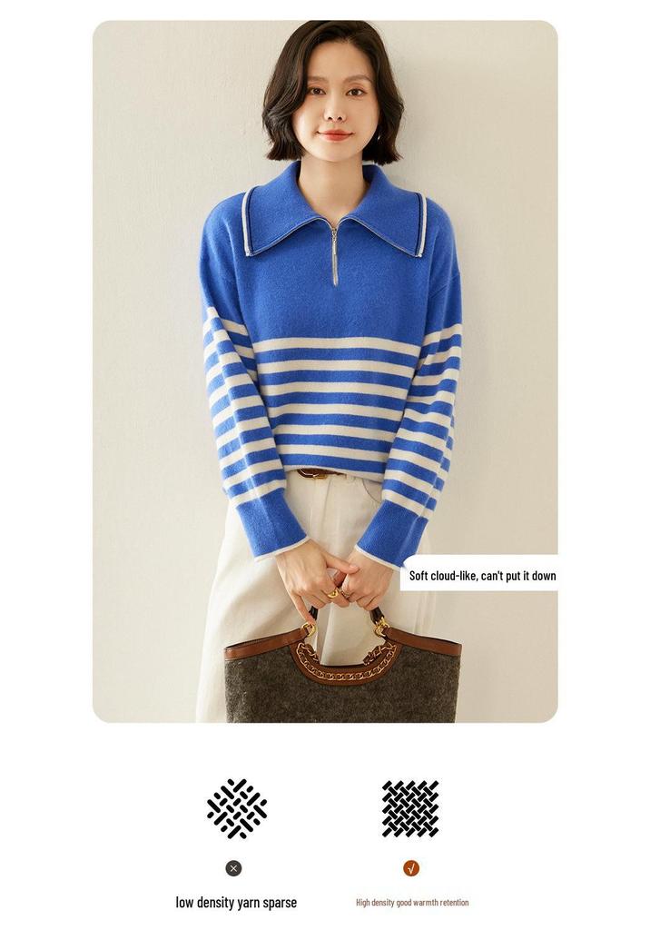 Cashmere Striped Zip-Up Lapel Sweater - New 2024 Autumn/Winter Korean Style Women's Knit Base Layer, Loose & Slimming Fit