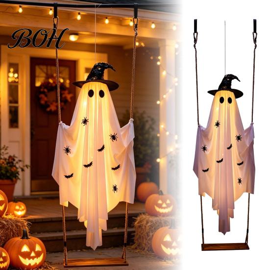 Spooky Glowing Garden Accents Large Hanging Swing Ghost Halloween Decoration, 5FT on A Lighted for Tree Branches with Witch Hat Porch Yard Lawn Remote