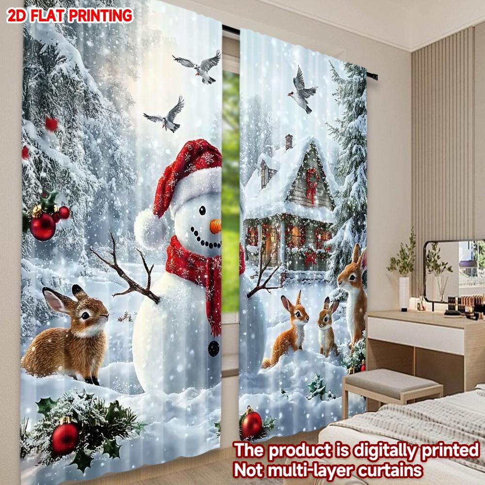 Set Of 2 Flat Printing Merry Christmas Party Curtains Snowman Forest Animals Scopic Stylish Polyester Curtain Made