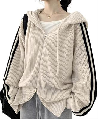 One Ambu Knit Loose Oversized Size L Women's Hoodie, Fit, Double-Zip Cardigan, Hoodie, Loungewear, Two-Line Detail, Beige,