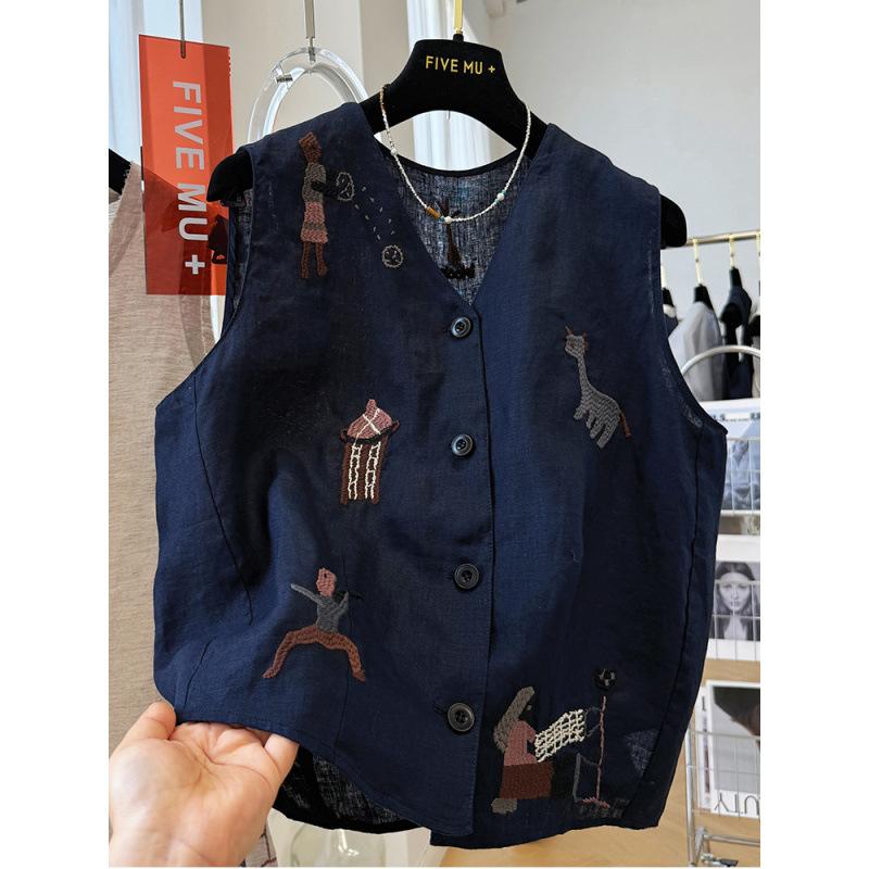 Women s V Neck Sleeveless Embroidered Vest Loose Fit Commute Style Casual Linen Blend Waistcoat M