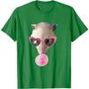 Funny Opossum Graphic Tee Pink Heart Sunglasses Chewing Bubble Gum Print Casual T-Shirt