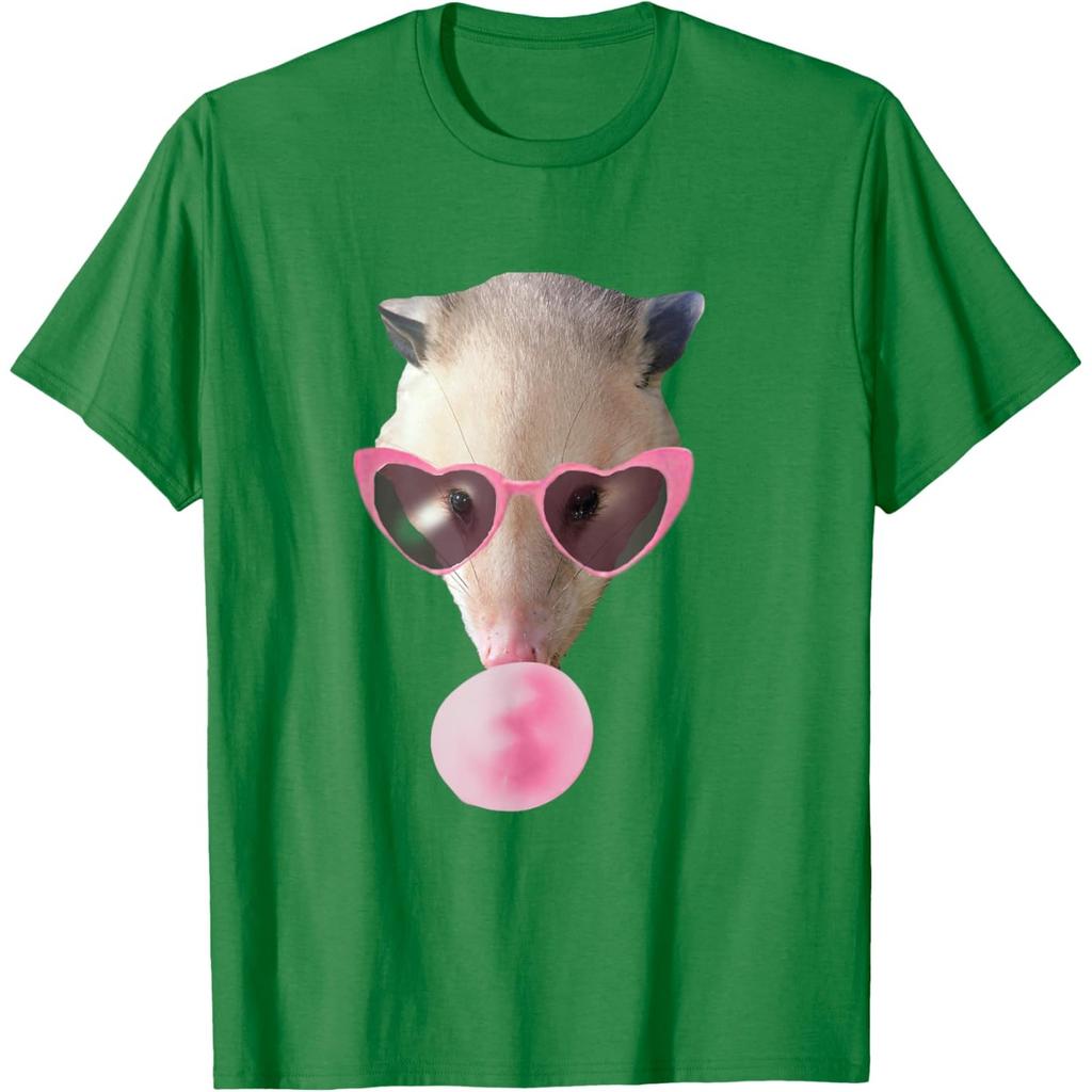 Funny Opossum Graphic Tee Pink Heart Sunglasses Chewing Bubble Gum Print Casual T-Shirt