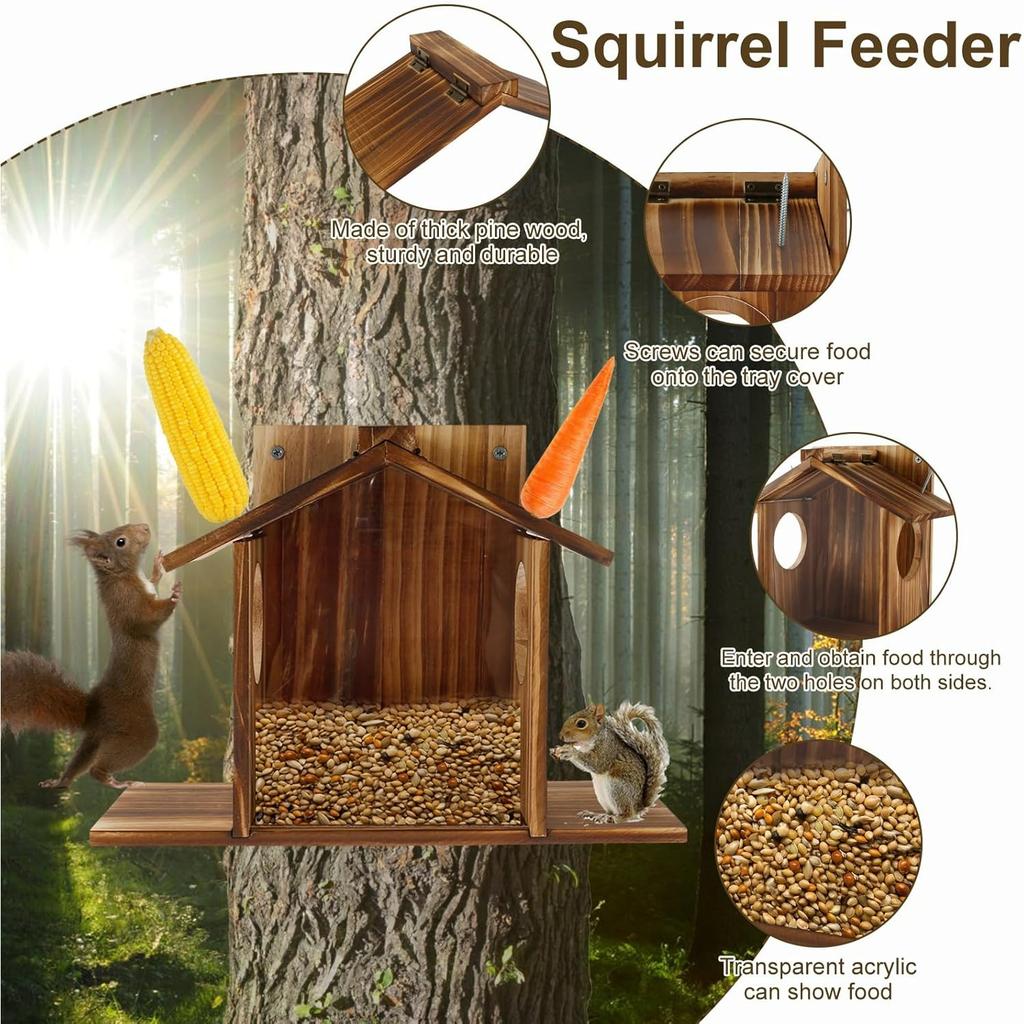 Wood Squirrel Feeder House for Outside Tree - Large Capacity Feeding Station for Squirrels,Chipmunks - Hanging House for Garden,Backyard,Window