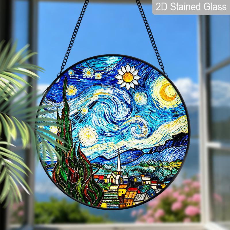 2D Flat Stained Glass Van Gogh Starry Night Window Decoration Colored Glass Plate, 7.87inches Hanging Sun Catcher Ornament with Chain, Charming Home