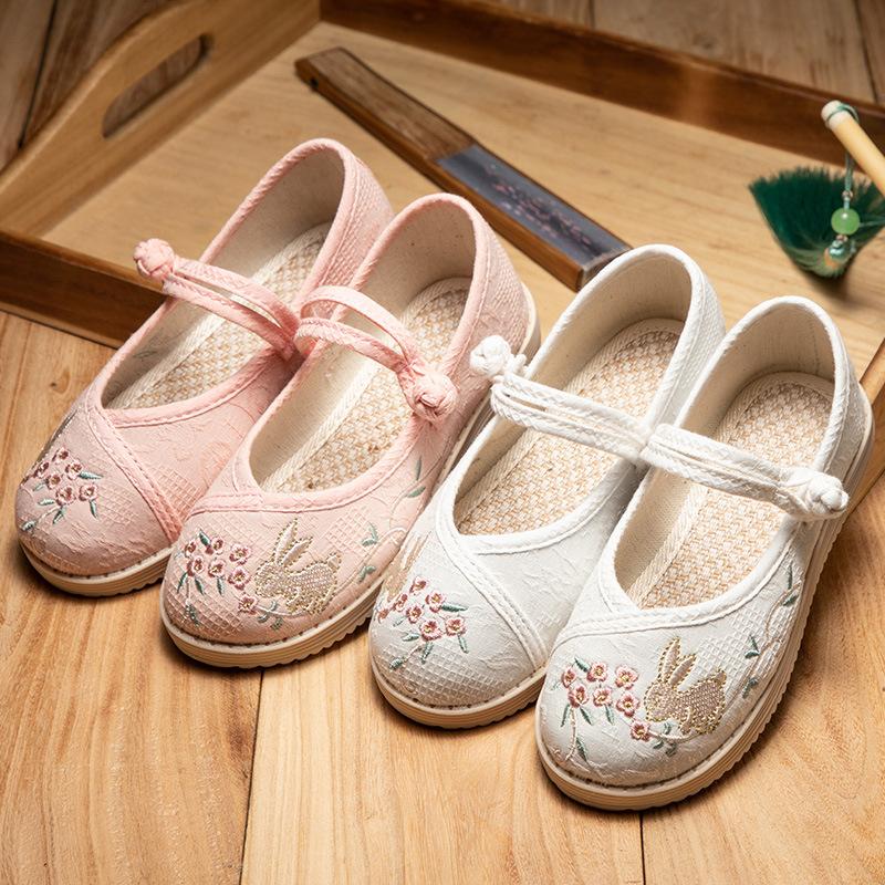 Children's Shoe for Girl Retro Style Embroidered Princess Causal Hanfu Flat Shoes Fashion Cute Rabbit Kids Ancient Dress Shoes