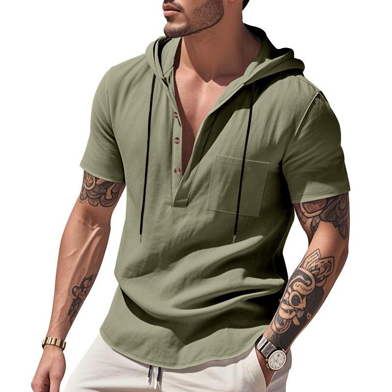 Men's Relaxed Fit Linen Beach Hooded Pocket Henley Short-Sleeved Shirt
