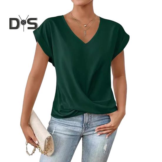 

Женские топы с V-образным вырезом, коротким рукавом, с рисунком морщин, однотонные свободные топы с перекрестными складками, повседневная одежда S