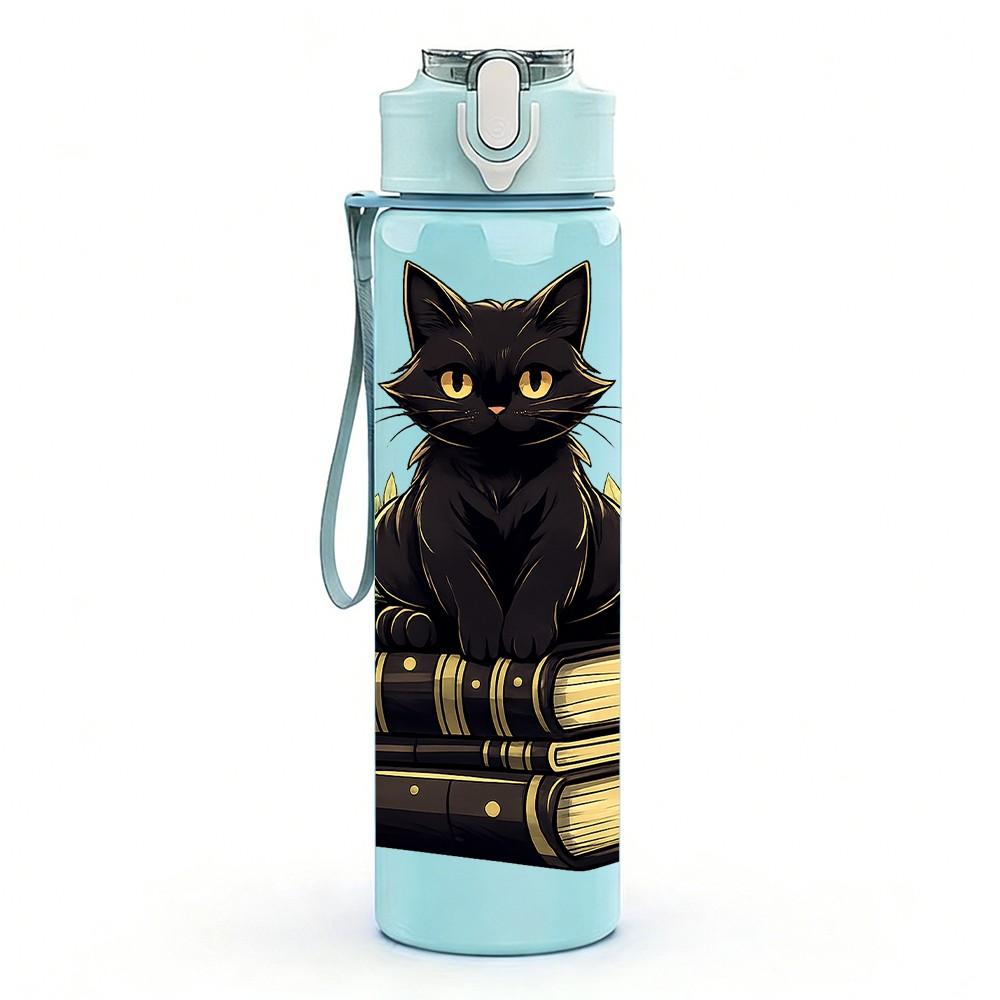 1PC Black Cat Stacked Book Art Print 750ml Color Plastic Sports Water Bottle Leakproof Flip Straw Lid Suitable for Sports Office Home Use