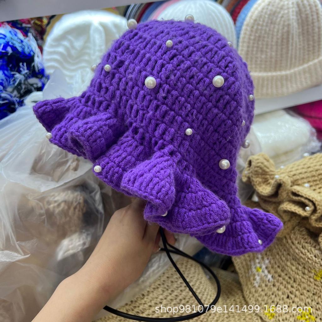 Popular sweet age reducing ruffle edge knitted bucket hat hand crocheted pearl hat colored rhinestone wool hat