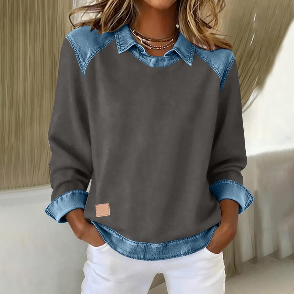Felpa Colorata da Donna a Manica Lunga con Inserti in Denim Top Casual