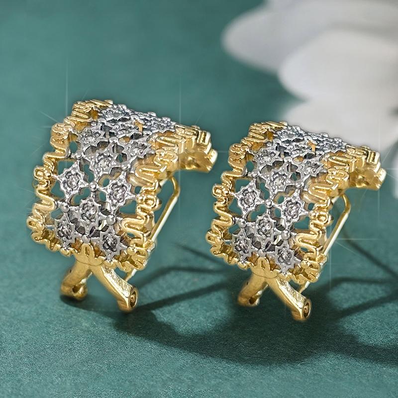 Huitan Hollow Design Luxury Women Hoop Earrings for Party Fashion Two Tone Inlaid Shiny CZ Delicate Symmetric Wedding Jewelry