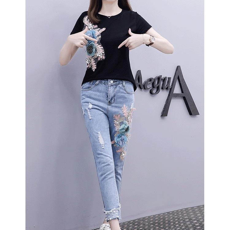 IHUASU Ensemble deux pièces d'été pour femmes, chemise à manches courtes brodée de perles résistante + jean déchiré à jambes étroites