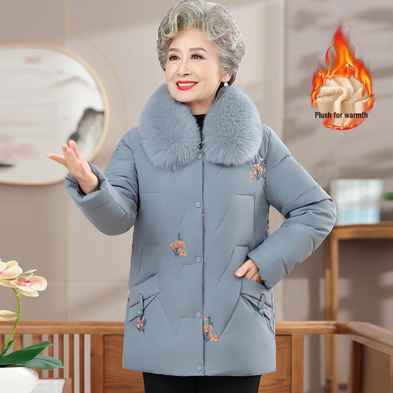 Plus Velvet Winter Jacket with Fur Collar for Elderly Women - Thickened Cotton Padded Coat for Middle-Aged & Senior Ladies