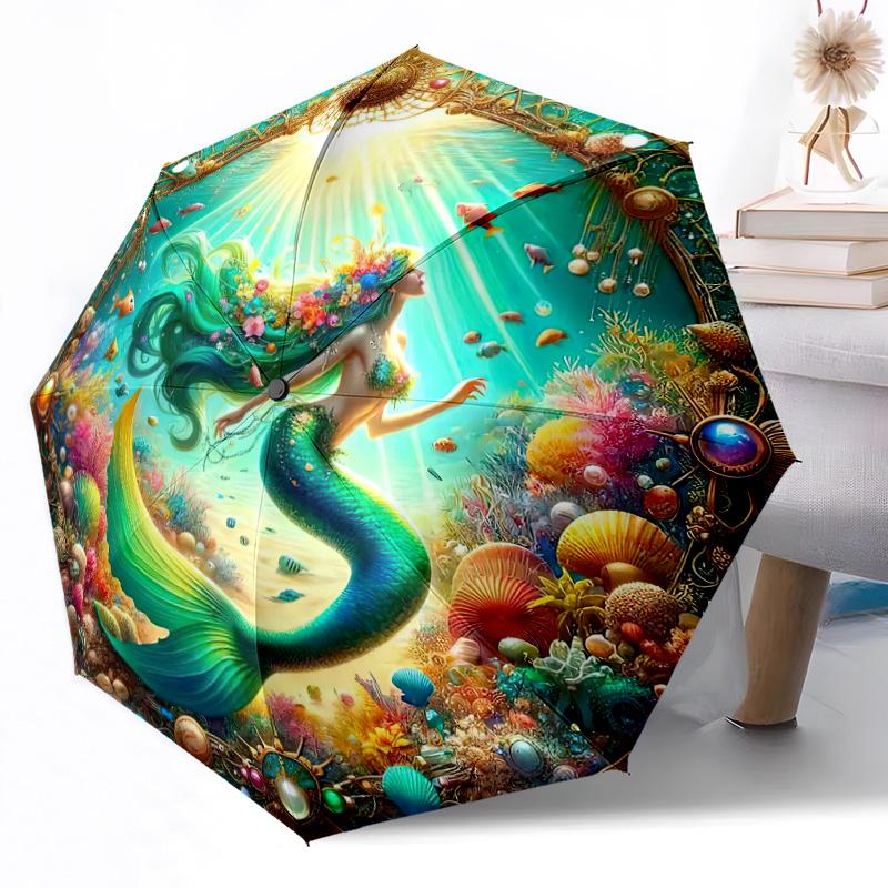 Mermaid Underwater Adventure Outdoor Automatic Umbrella Sturdy 8-Rib Shaft weight Travel Essential Compact Folding Umbrella