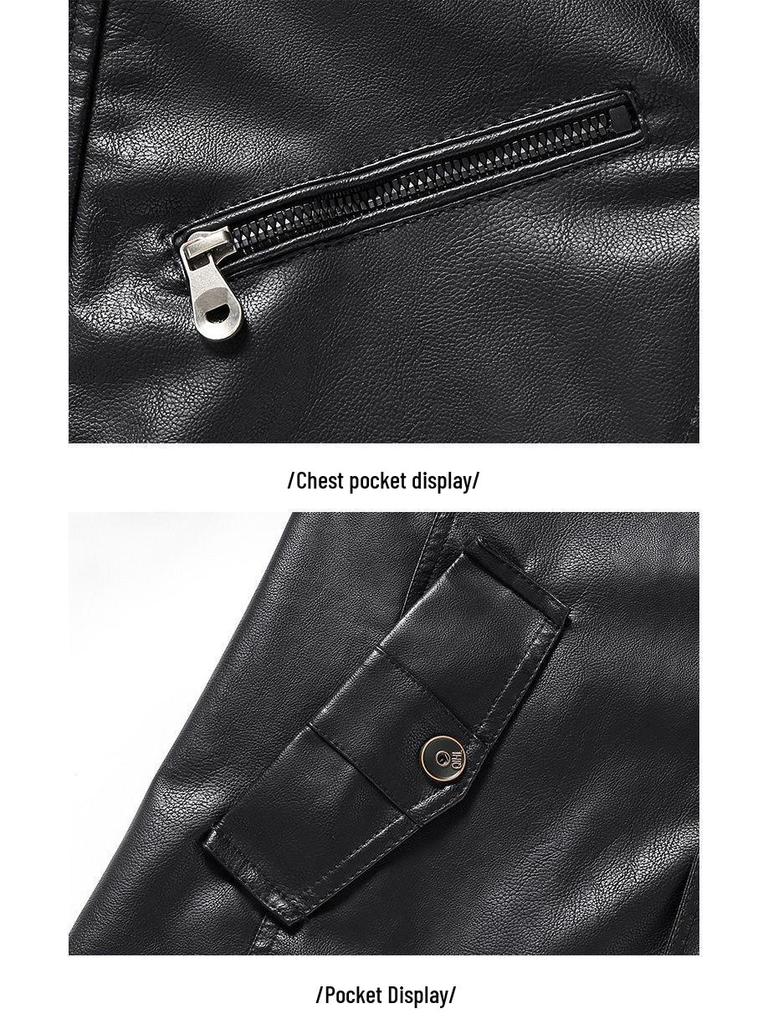 Męska Modna Skórzana Kurtka Wiatroszczelna Długiego Fasonu ze Stójką