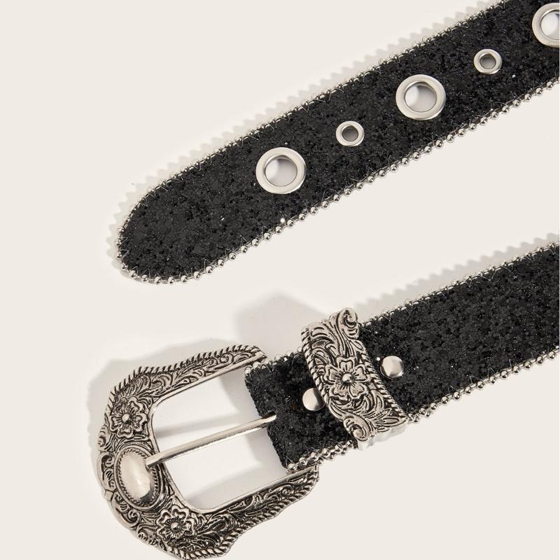 Moderne geschnitzte Dornschließe Gürtel für Damen Funkelnde Pailletten PU-Taillengürtel für Hosen Jeans Lässig Formelles Taillenaccessoire