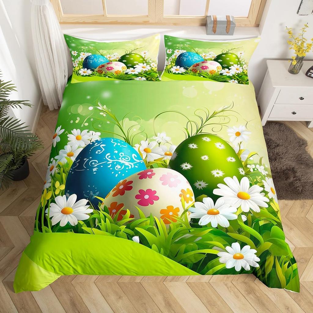 Juego de Ropa de Cama Suave con Huevos de Pascua Estampado 3D Dibujos Animados de Conejo Huevos Funda Nórdica Funda de Almohada de Poliéster Saludos y Regalos Para el Día de Pascua