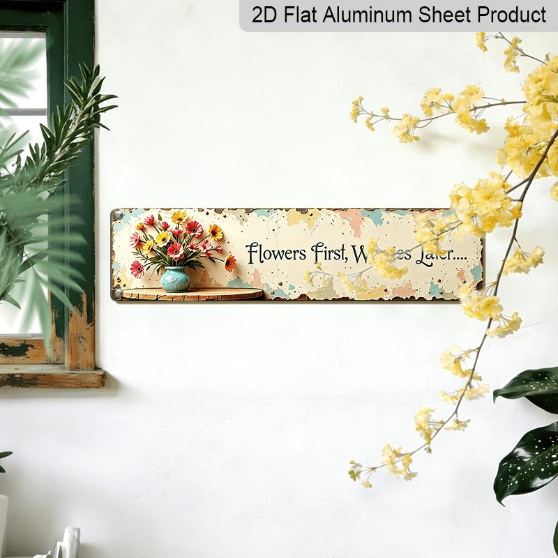 2D Flat, Rustic European Aluminium Decorative Sign with Vibrant Daisy Flower Vase & Motivational Quote - Irregular-Shaped Suitable For, Cafe, Hotel
