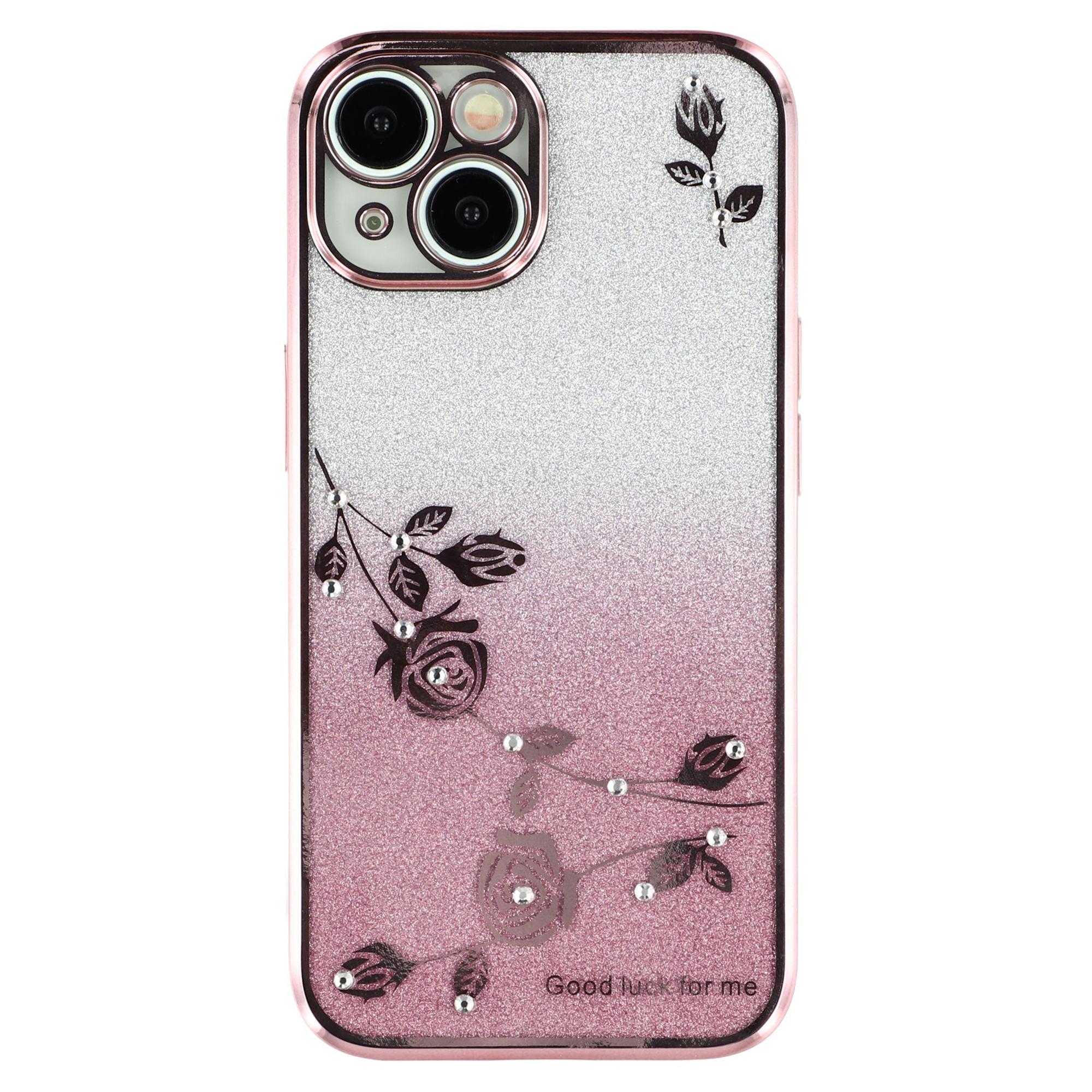 

KADEM For iPhone 13 6.1 inch Rhinestone Decor Flower Pattern Anti-drop Back Case Gradient Glitter Powder TPU Protective Cover Rose Gold