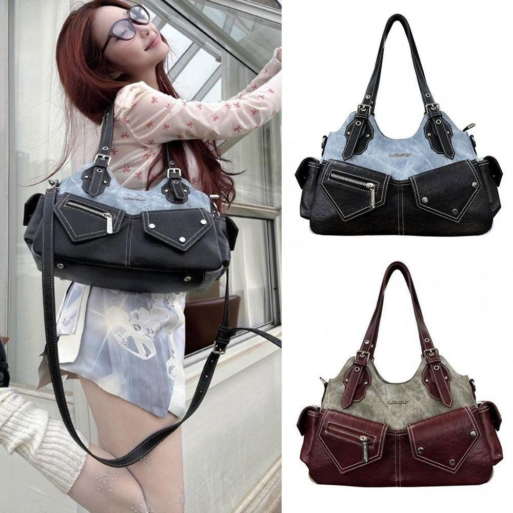 PU Women's Shoulder Bag with Denim Patchwork Armpit Handbag Fashion Crossbody Bag Casual Outing