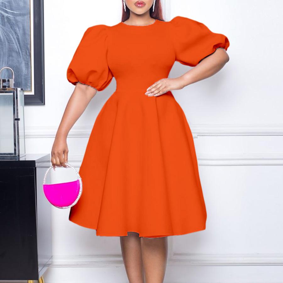 Summer Women's Dress Plus Size Round Neck Temperament Bubble Sleeve Waisted Big Swing Dress A-line Dresses