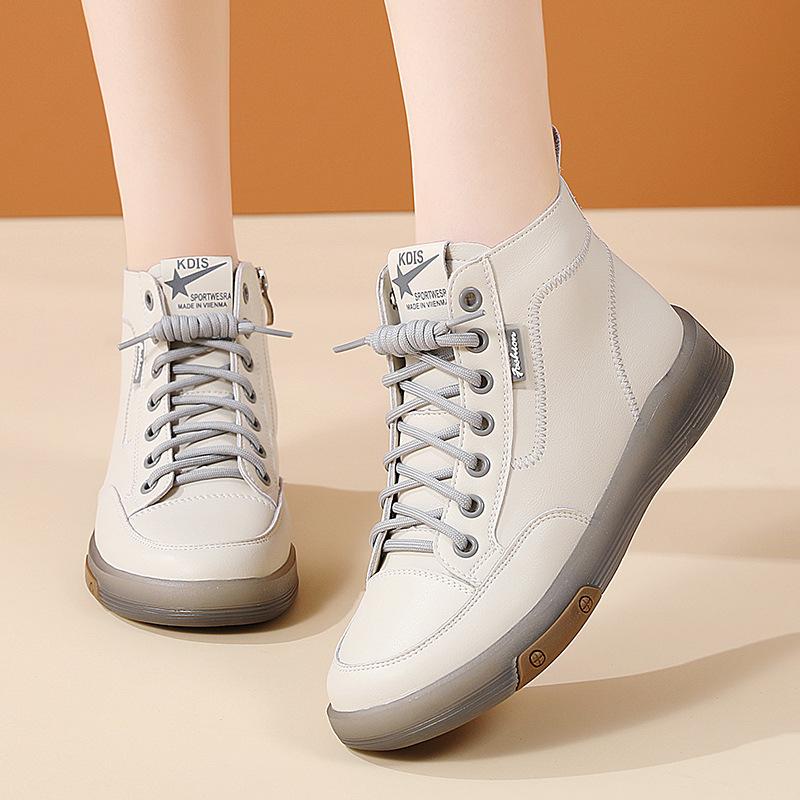 Spring new leather soft-soled flat-soled sports and leisure board shoes comfortable high-top beef tendon sole shoes