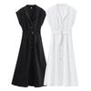 Women's Lapel Sleeveless Maxi Dress Loose Fit High Rise Linen Blend Shirt Dress With Matching Belt