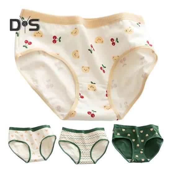 Japanese Style Teenage Girls Panties Cute Bear Pattern Green Cotton Crotch Briefs Mid Rise Cartoon Student Underpants