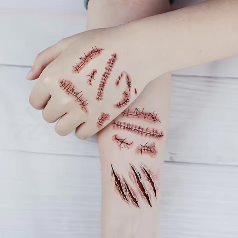 10 Sheets Halloween Horror Wound Temporary Tattoos Waterproof Realistic Blood Tattoo Scar Tattoo Stickers Suitable for Face and