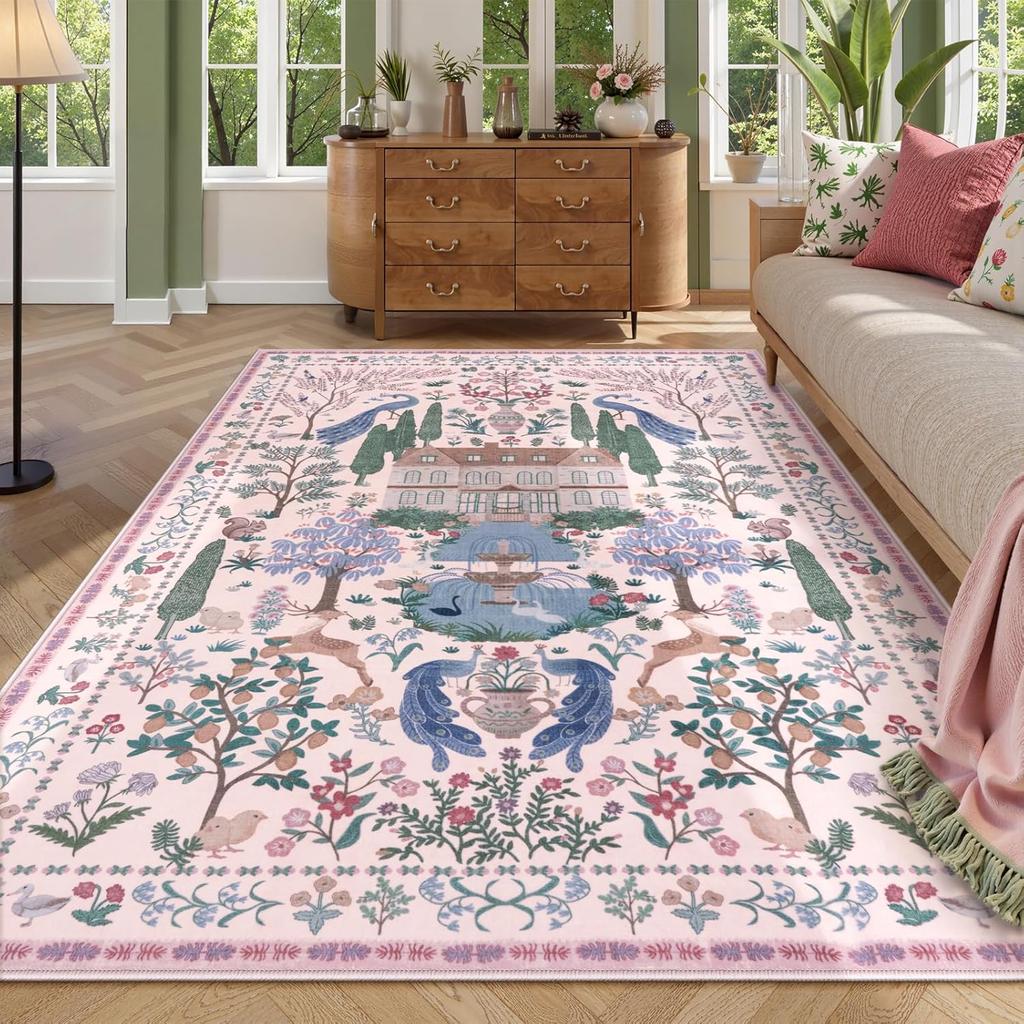 Botanical Bird Print Area Rug – Fresh Nature-Inspired Living Room Carpet, Non-Slip Stain Resistant Easy-Care Bedroom Bedside