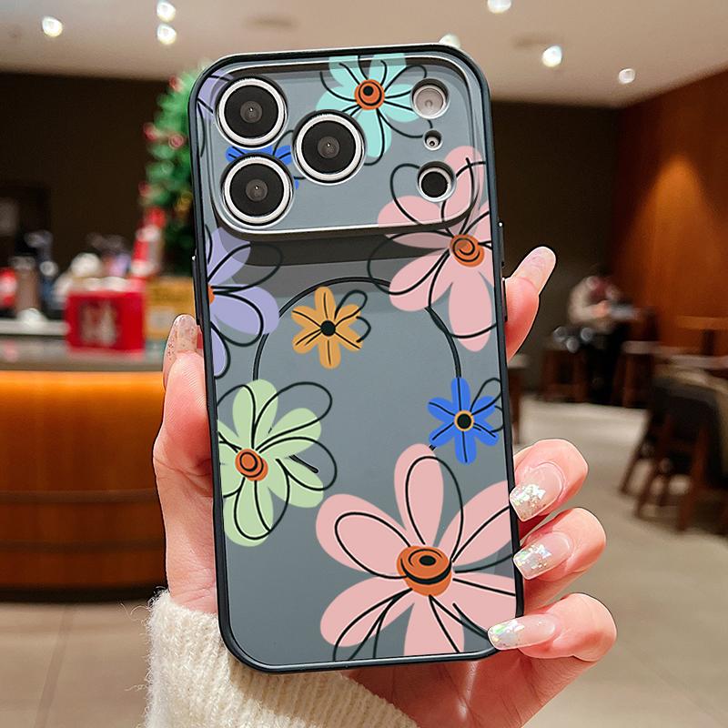 Cartoon Floral Pattern Case For iPhone 17 Pro Max Magnetic For Magsafe Hybrid Slim Matte Cover For iPhone 16 15 14 13 Pro Max Daisies Peach Blossom